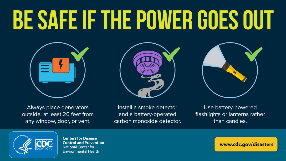CDCEnvironment's tweet photo. Be safe if the power goes out.
✔️ Use generators safely to prevent carbon monoxide (CO) poisoning.
✔️ Have a battery-powered or battery backup CO detector in your home.
✔️ Use flashlights rather than candles. 
More safety tips: https://t.co/EFSiKl4MRz  #PrepYourHealth #Ian https://t.co/AuQlxBNzdP