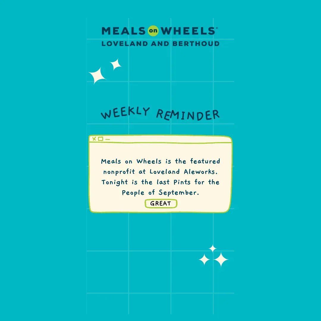LovelandMeals's tweet photo. Tonight is the final Pints for the People of September! 
Join our Meals on Wheels team and support our mission when you purchase a pint at Loveland Aleworks. We will be onsite to visit and we will come with delicious samples of our upcoming holiday cookies!
6:00 - 8:00 pm! https://t.co/Hkouh8kbKi