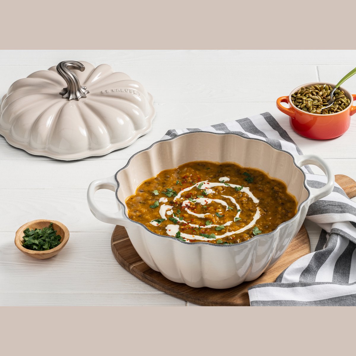 Le Creuset’s Pumpkin Cocotte makes for a wonderful seasonal addition to countertops and holiday tables featuring careful artistic details. <a href="/lecreuset/">Le Creuset</a> bit.ly/3pC203K