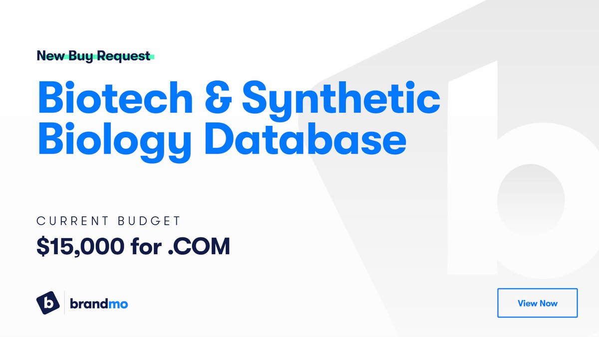 brandmo's tweet photo. New Domain Buy Request: Biotech & Synthetic Biology Database with $15,000 Budget for .COM #buyrequest #domainname #domain #domains #domainnames #brandnaming #brandnamer #naming #biology #biotech #namingabusiness
Brief & Submission Details: https://t.co/QfWqnU5mpi https://t.co/MTz3D1gBWr