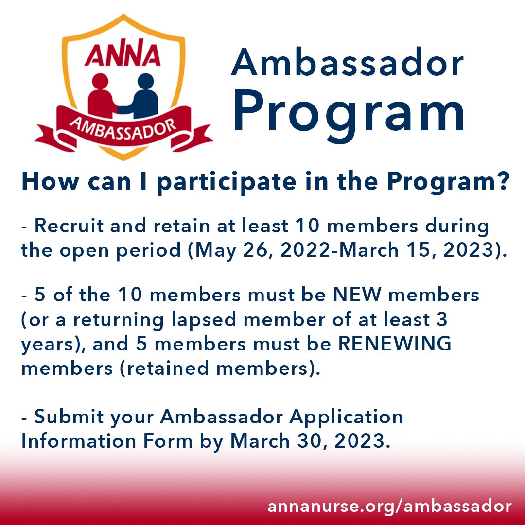 ANNAnurses's tweet photo. The ANNA Ambassador Program is an exciting new way to recognize current members for sharing their enthusiasm for ANNA with colleagues! Learn more here👇 https://t.co/RM7yjp3JMb #annaambassador #nephrologynursing #rewarded https://t.co/2DAb50m6Jk