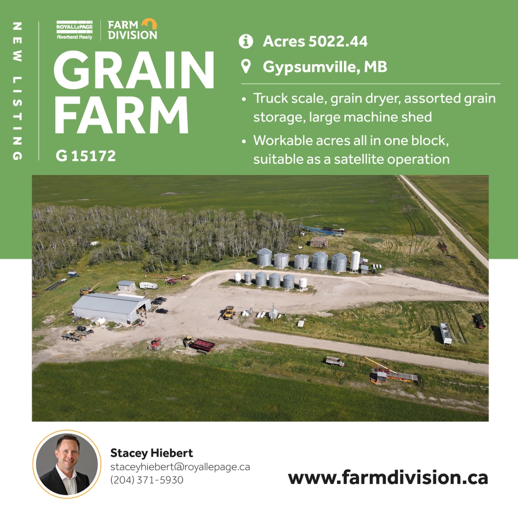 NEW Grain Farm
G 15172
5022.44 acres
Near Gypsumville, MB

* Truck scale, grain dryer, assorted grain storage, large machine shed
* Workable acres all in one block, suitable as a satellite operation

<a href="/StaceyHiebert/">Stacey Hiebert</a>

…lepageriverbendrealtyfarmdivision.com/listings/15172…

#YourFarmTeam #WeSellFarms #GrainFarm