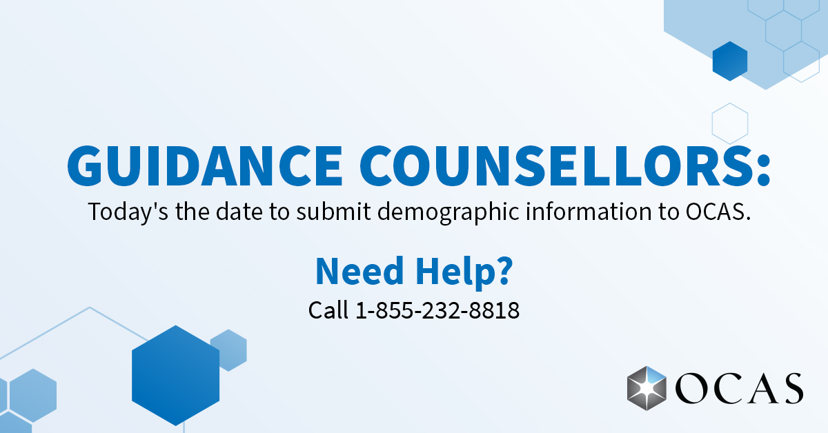 OCASpartners's tweet photo. Guidance counsellors: The target submission date for demographics, marks history, and current and projected course registrations is October 7. To learn more, visit https://t.co/0fCGE6KknO. https://t.co/Ve5cKF20pg