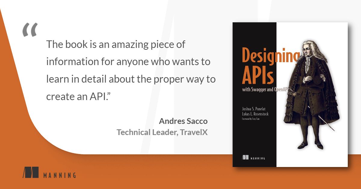 ManningBooks's tweet image. An amazing piece of information for anyone who wants to learn to create an API!
@AdsChosen on Designing APIs with Swagger and OpenAPI: mng.bz/6gG5
@LukasRosenstock @jponelat #swaggerAPI #webdev