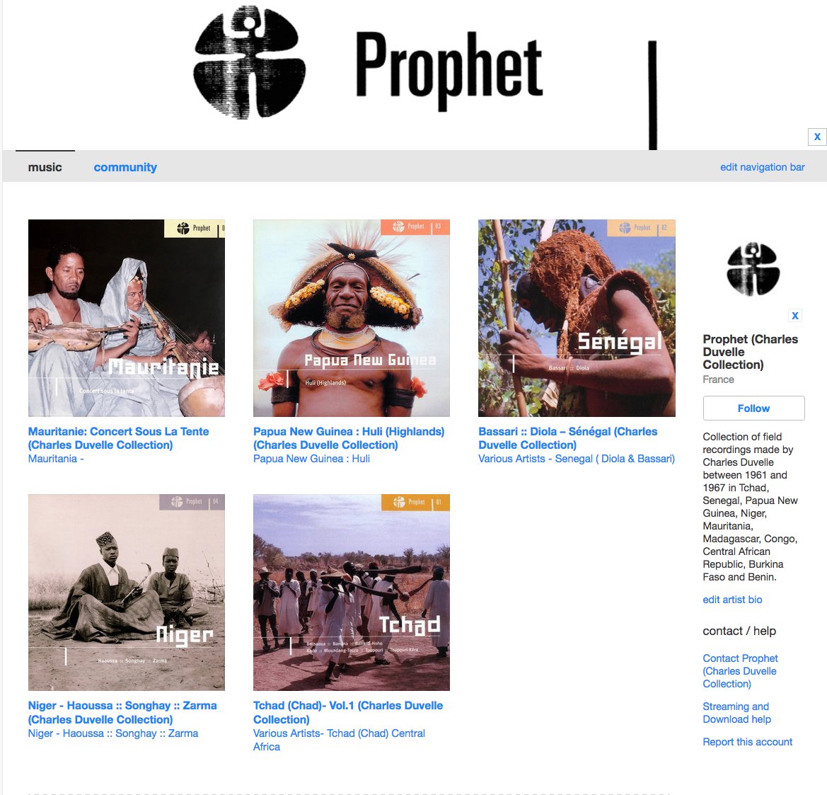 Share the news!
prophet-label.bandcamp.com

Finally, the Prophet Collection of Charles Duvelle (Ocora Records) field recordings is available on bandcamp.
More titles will be added weekly and monthly.