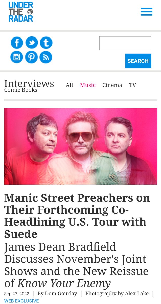 Dom Gourlay (@domlikesrabbits) on Twitter photo Was an honour and a pleasure to speak with <a href="/Manics/">Manic Street Preachers</a> guitar maestro James Dean Bradfield for <a href="/Under_Radar_Mag/">Under the Radar</a> about their forthcoming US tour with <a href="/suedeHQ/">Suede HQ</a>, Know Your Enemy, Wales' chances in the World Cup, #NFFC being back in the Premier and new music.
undertheradarmag.com/interviews/man… Was an honour and a pleasure to speak with <a href="/Manics/">Manic Street Preachers</a> guitar maestro James Dean Bradfield for <a href="/Under_Radar_Mag/">Under the Radar</a> about their forthcoming US tour with <a href="/suedeHQ/">Suede HQ</a>, Know Your Enemy, Wales' chances in the World Cup, #NFFC being back in the Premier and new music.
undertheradarmag.com/interviews/man…