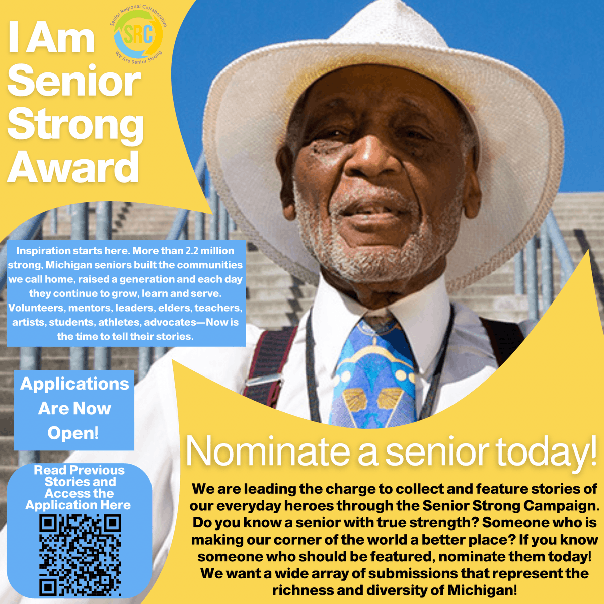 semisrc's tweet photo. Michigan seniors built and serve the communities we call home. Now is the time to tell their stories. We are featuring  stories of our everyday heroes through the Senior Strong Campaign. Scan the QR code to learn more, read previous stories, and nominate a senior today! https://t.co/nvULUKYmlf