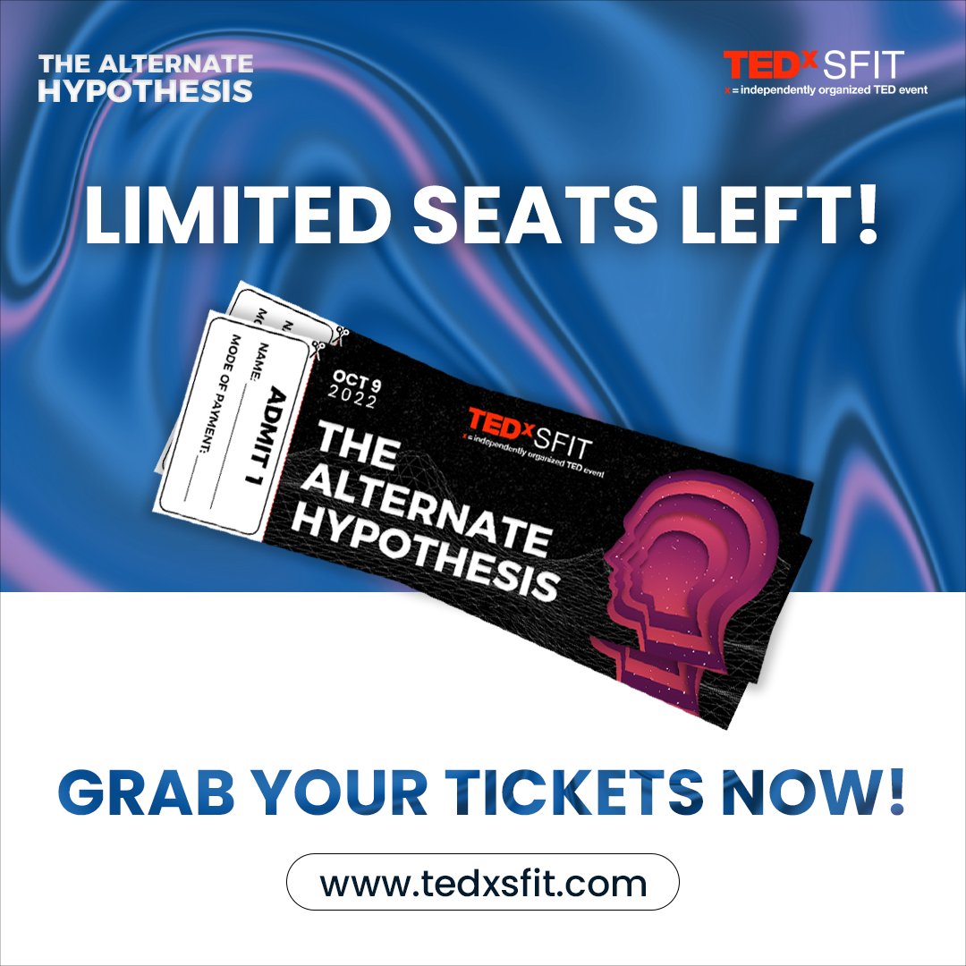 Hurry Hurry Hurry !!!

Limited Seats Left 🥵
You definitely don't wanna miss out on this golden opportunity 🎟️
Its Time to seize your Once-In-A-Lifetime experience @ tedxsfit on the 9th October 2022 🗓️

#TEDxSFIT #TEDx #tickets