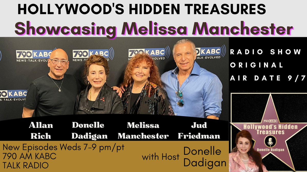 On this week's episode (9/28/22) of <a href="/KABCRadio/">790 KABC</a> 's “Hollywood's Hidden Treasures", host Donelle Dadigan" Founder and President of The #HollywoodMuseum speaks with singer/songwriter <a href="/melissashares/">Melissa Manchester</a>, and songwriters Allan Rich and Jud Friedman kabc.com/hollywoods-hid…
