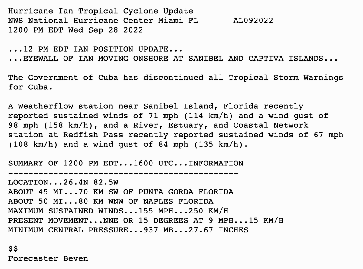 NHC_Atlantic's tweet photo. 12 PM EDT 9/28 Tropical Cyclone Update for Hurricane #Ian. 

The eyewall of Ian is now moving onshore at Sanibel &amp; Captiva Islands.

Latest: https://t.co/tnOTyfOjMY https://t.co/mQxbywROwy