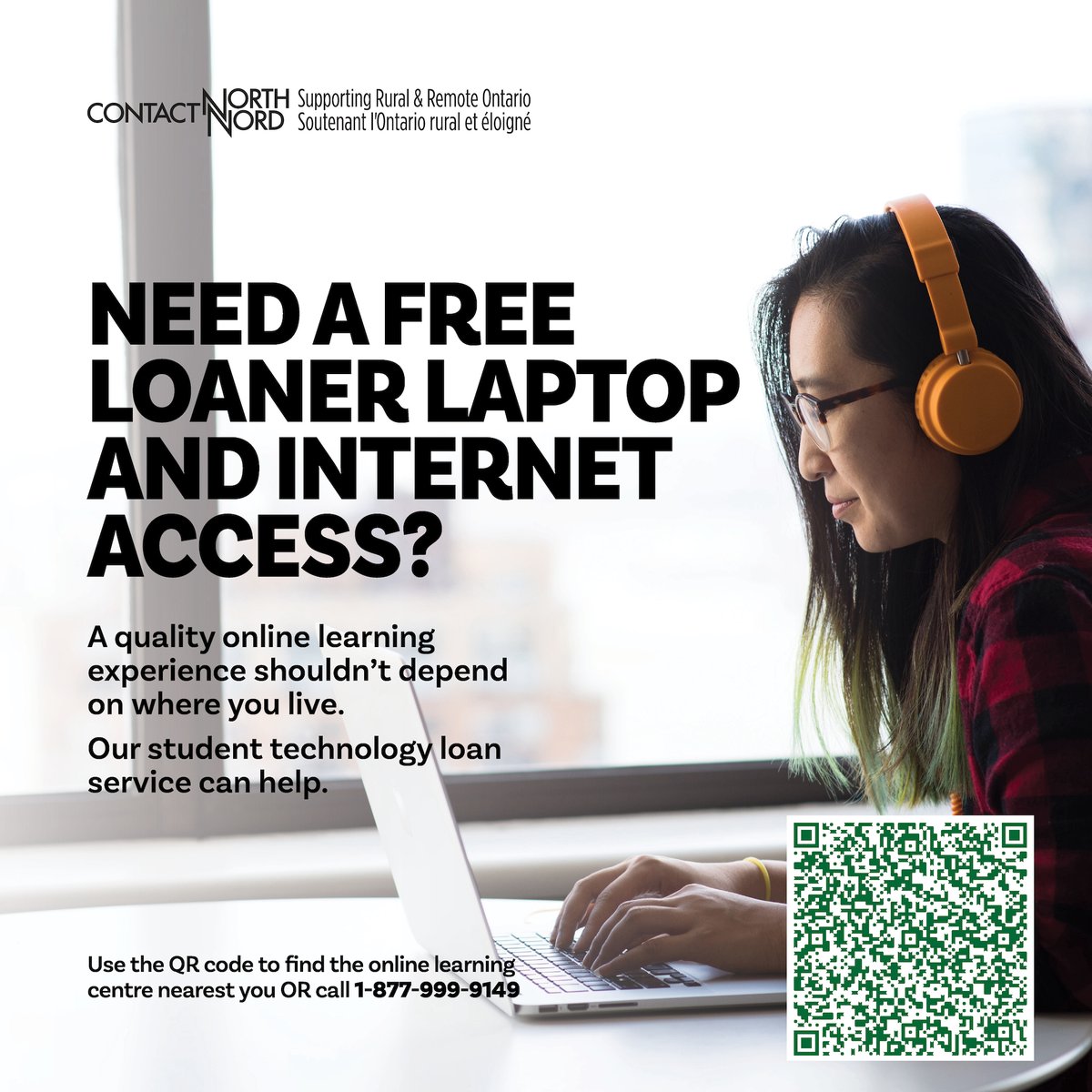 Not having a #laptop should not hold you back from taking online courses. That's why <a href="/ContactNorth/">Contact North</a>'s laptop loaning service is here to help!

This service is open to residents of Ontario, Canada.

Contact us to find out more by using the QR code or call toll-free 1-877-999-9149.