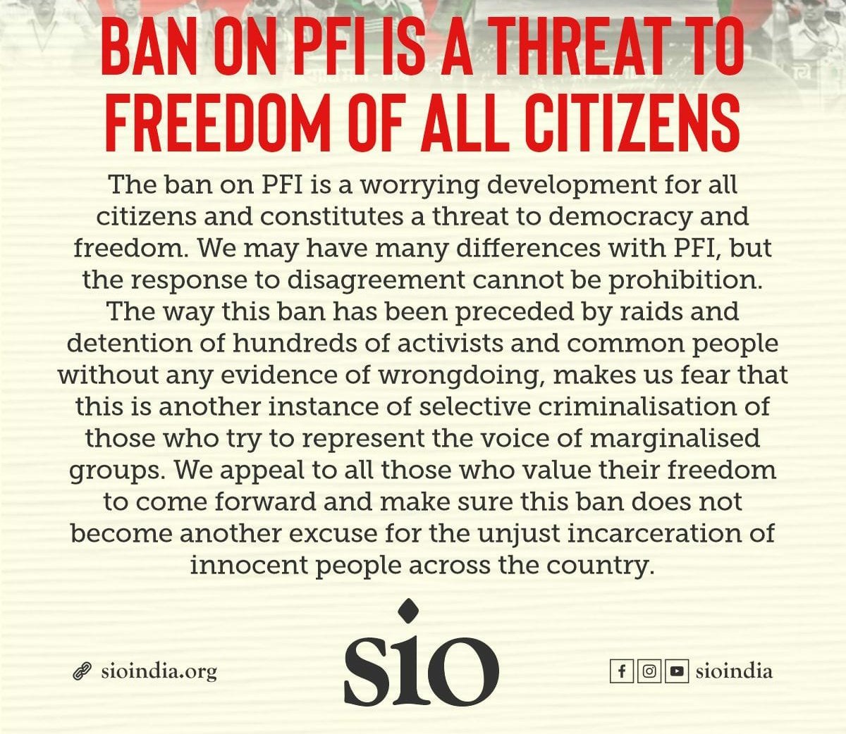 writesalman's tweet photo. The ban on Popular Front of India (PFI) is a worrying development for all citizens and constitutes a threat to democracy and freedom. We may have many differences with PFI, but the response to disagreement cannot be prohibition. 

1/n https://t.co/Sv9nf91JVk
