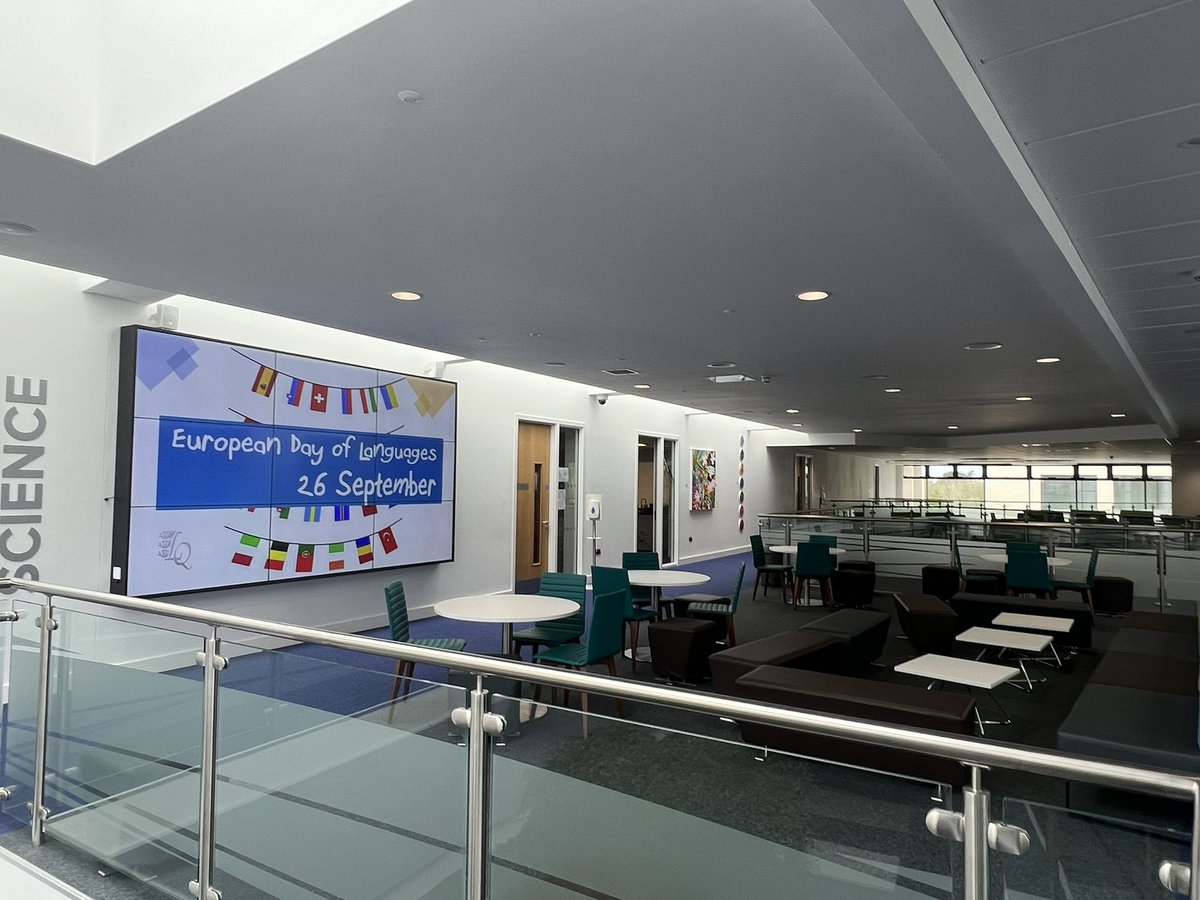 LQS_MFL's tweet photo. Thank you @LesQScience for setting up our video on the media wall. We are celebrating all things languages this week! We have facts and information about languages on display throughout the school day - a great way of promoting languages to our students. 👏🏼 🙌🏼 https://t.co/BGbOq0ty04
