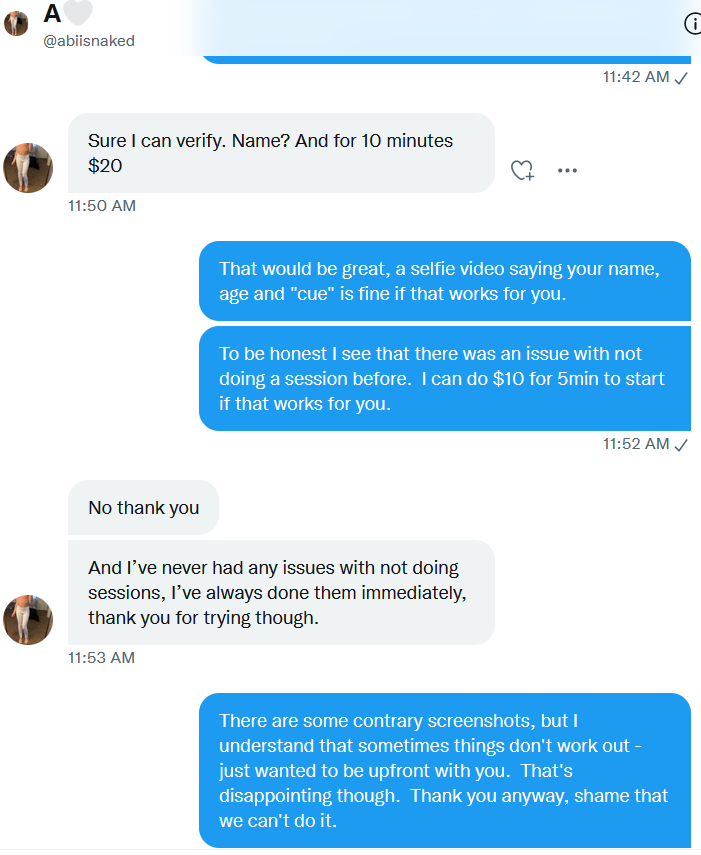 Cue92552829's tweet photo. @abiisnaked Actually, she reacted badly to me offering a shorter start time at the same rate due to someone else posting credible screenshots of her not providing a paid-for session. https://t.co/Ci9VzqHffp