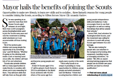 Great support from <a href="/pulsemagazines/">Pulse Magazine</a> as they include an article on page 8 about Milton Keynes Mayor <a href="/SallyBearMarlow/">Amanda Marlow</a> talking about the benefit of joining <a href="/scouts/">Scouts</a> @iainastewart <a href="/Ben_Everitt/">Ben Everitt</a> <a href="/LLBucks/">LordLieutenantBucks</a> @HiSheriffBucks <a href="/AnnLimb/">Dame Ann Limb DBE DL 🏳️‍🌈</a> issuu.com/pulsegroupmedi…