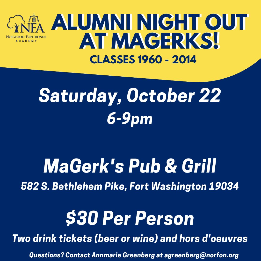 CALLING ALL NFA GRADUATES (1960 - 2014)!

Register today for our big Alumni Night Out bash at MaGerk's!

REGISTER ONLINE>>> norfon.org/reunionweekend