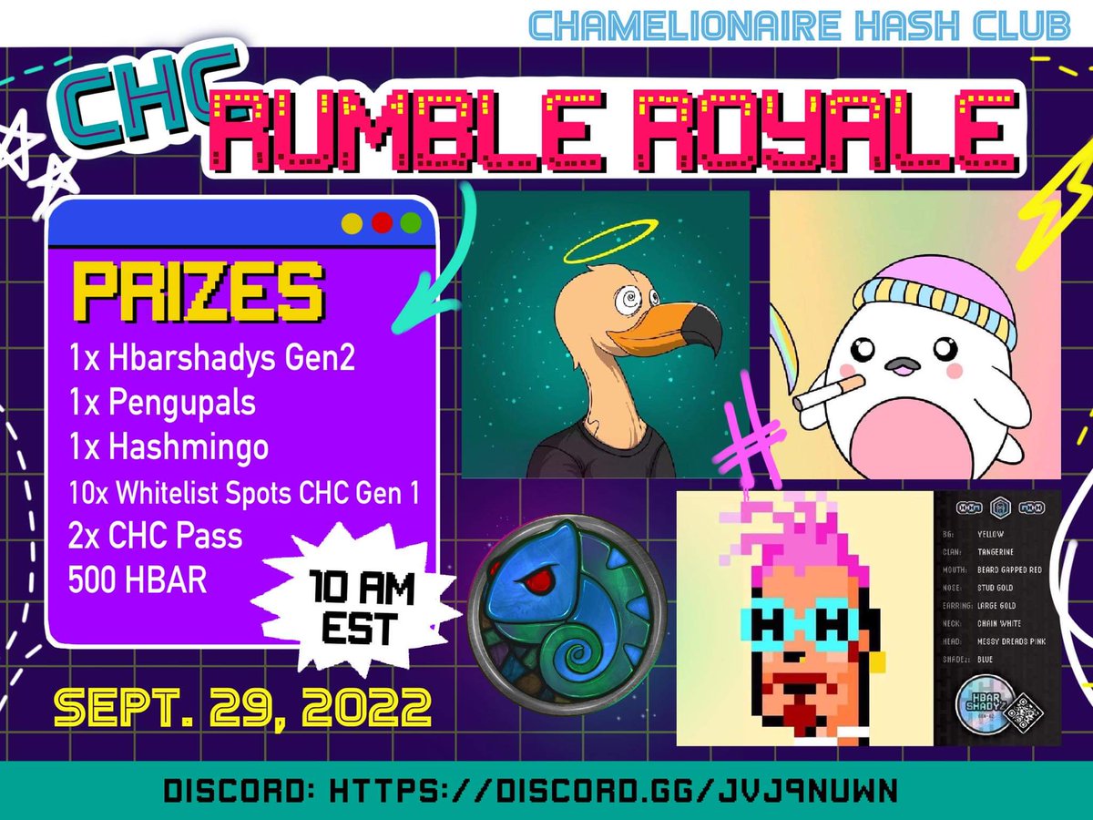 hbchamelionaire's tweet photo. LETS'S GET READY TO RUUUMBLE! 😎💪

As we move closer to our launch date, we will be running games and contests with multiple prizes! 💯

Join our discord and join the rumble fun! 🎉
Link below:
https://t.co/BYFmsuHOHn

#HederaNFTs #HBARNFT https://t.co/Cs7xvYfrYA