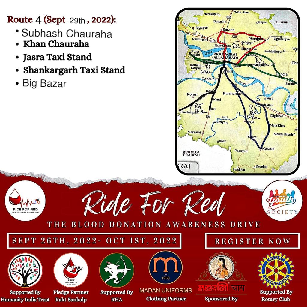 RideForRed's tweet photo. Ride For Red Expedition 4th Day Route ...
Do Join us on 29 Sep,2022. At 9:00AM Sharp.

Shubhash Chauraha

Khan Chauraha

Jasra Taxi Stand

Shankargarh Taxi Stand

Big Bazar

@RaktSankalp
#RideforRed #BloodDonation_Expedition https://t.co/Mtxal0R1gd