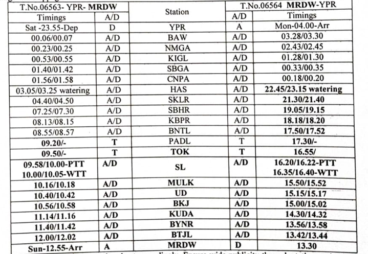 SWRRLY's tweet photo. Attention passengers:
Kindly note the running of Tr No. 06563/64 Yesvantpur-Murudeshwar-Yesvantpur Festival Special Express Ex. Yesvantpur on 01.10.22 and Ex. Murudeshwar on 02.10.22 under Trains On Demand.
The details of timings and stoppages are as under.
#SWRupdates https://t.co/sl02QAjoYx