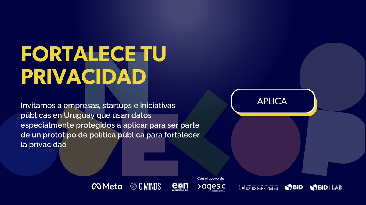 IDB_Lab's tweet photo. Si eres una #Startup en #Uruguay, esto te interesa. Refuerza tus procesos de #Privacidad y participa en la generación de #PolíticasPúblicas para ayudar a fortalecer la regulación sobre la privacidad de 🇺🇾. Forma parte de #OpenLoopUruguay 👉 https://t.co/SaoD6gGz2t https://t.co/sjcFwRkNns