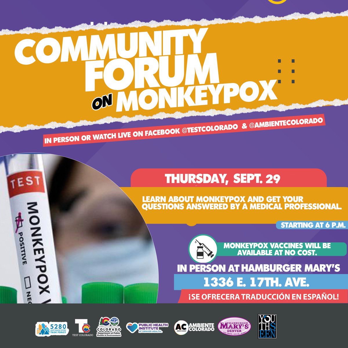 CDPHE's tweet photo. The Public Health Institute at Denver Health is hosting a community forum on monkeypox on Sept. 29! A team of medical professionals will speak about monkeypox myths and facts. Monkeypox vaccines will be given at NO COST! https://t.co/Tgx8J8DH5V