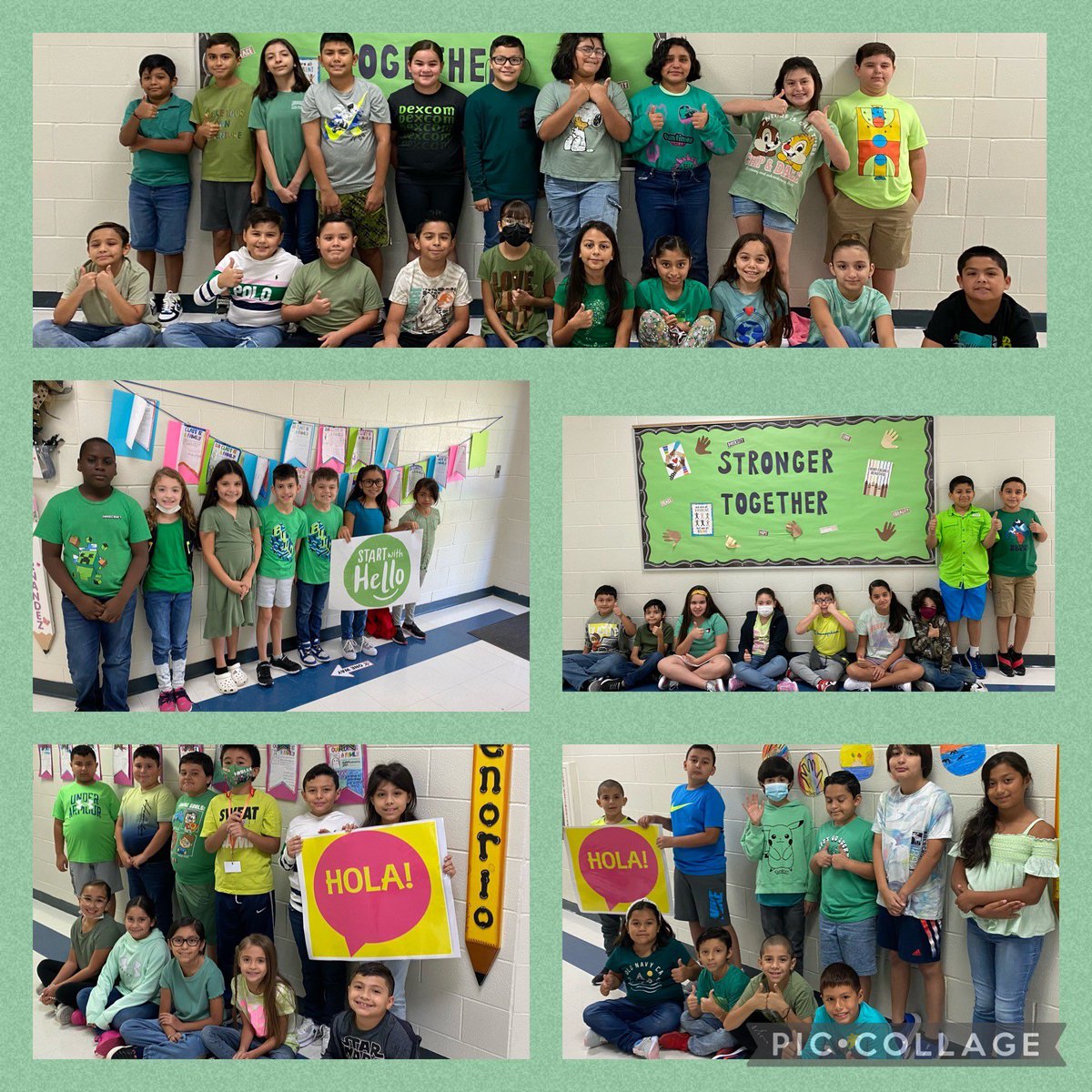 SISDmedia's tweet photo. Start with Hello week began on Tuesday at RDM to promote connectedness and a sense of belonging! We ‘Greened Out’ to show our support! RDM is raising awareness to students who may be showing signs of isolation. #letsallcometogether #Startwithhello #kindnessmatters #SaySomething https://t.co/vE0IJViOFa