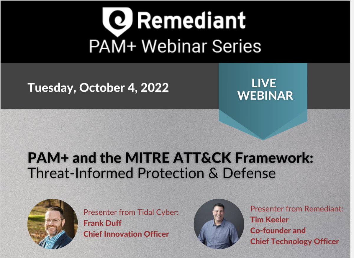 PotentiaConcept's tweet photo. Free Webinar from our partner @Remediant.  PAM+ and the MITRE ATT&amp;CK Framework: Threat-Informed Protection &amp; Defense. 2 Sessions, same content, choose time: Europe CEST: Session 1: 15:30-16:15 Session 2: 19:00-19:45.

https://t.co/nMRKlSg6kf https://t.co/DG2DdHSdCI