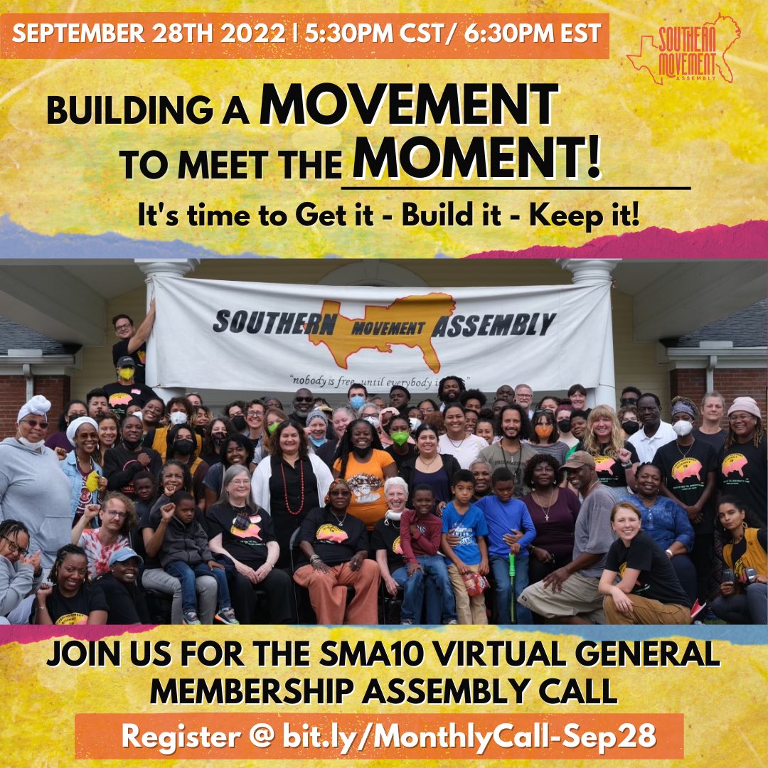 TONIGHT! Join the Southern Movement Assembly to dream and scheme beyond collapse! Let’s build a regional action plan for liberation and joyful resistance! bit.ly/MonthlyCall-Se… 

#southernpeoplespower
