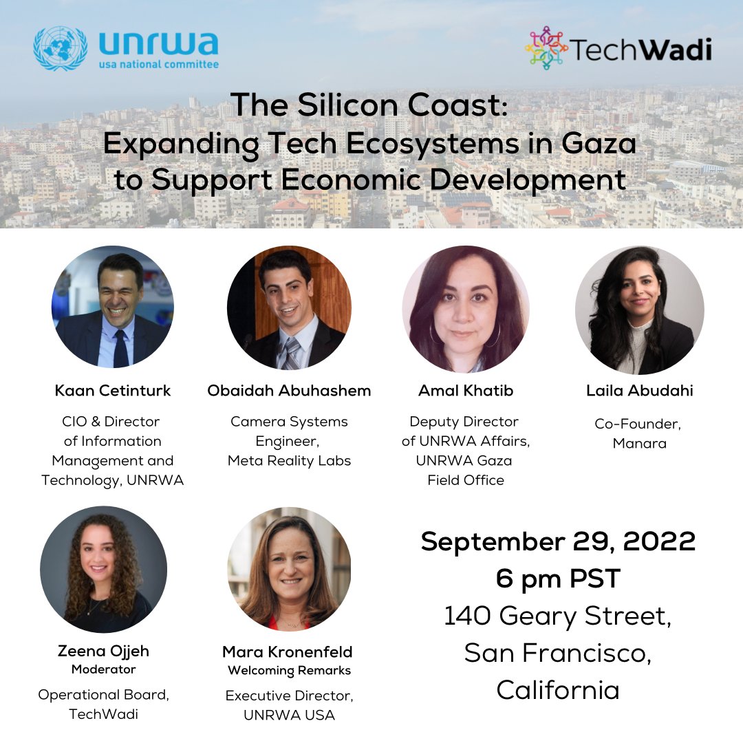 unrwausa's tweet photo. Combine your love of tech and passion for supporting Palestine refugees! 

Join us with @TechWadiOrg  and @UNRWA tomorrow Sep 29 for a discussion on expanding tech ecosystems in Gaza to support economic development. 

RSVP here: https://t.co/Xd3N38nS6T https://t.co/lSTnclmaw0