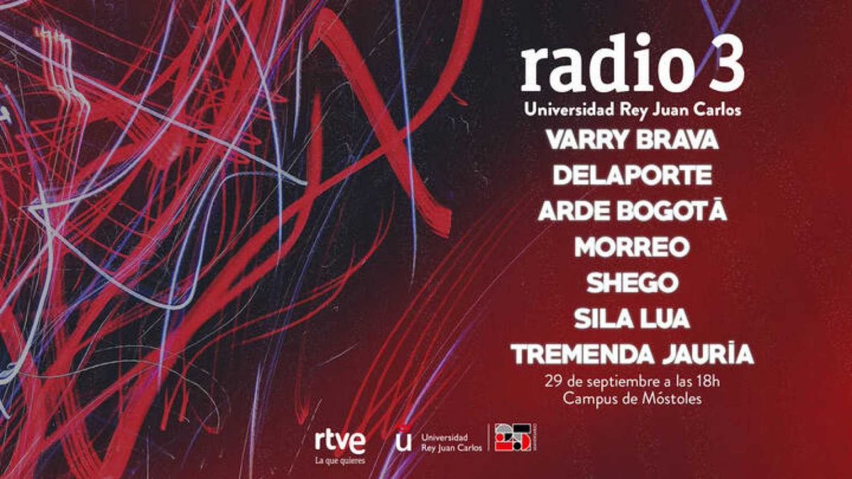 conci_Madrid's tweet photo. Jueves 29 de septiembre Fiesta de @radio3_rne en la @urjc con @varrybrava @Delaportemusic @arde_bogota @shegomanda #morreo #silalua y @tremendajauria info: https://t.co/Qoznuxmi4j https://t.co/LrMm8NJHbp