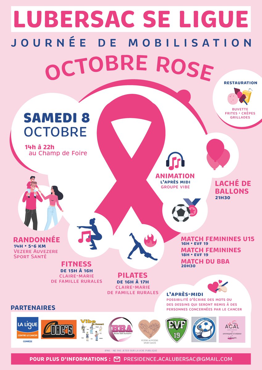 ligue_19's tweet photo. Lubersac se Ligue ce samedi 8 octobre #OctobreRose 🎗️
Journée de mobilisation pour Lubersac le samedi 8 octobre prochain au Champ de Foire. De 14h à 22h, des activités vous seront proposés dans le cadre du mois de sensibilisation au dépistage du cancer du sein. Au programme ⬇️ https://t.co/16wjljTbCv
