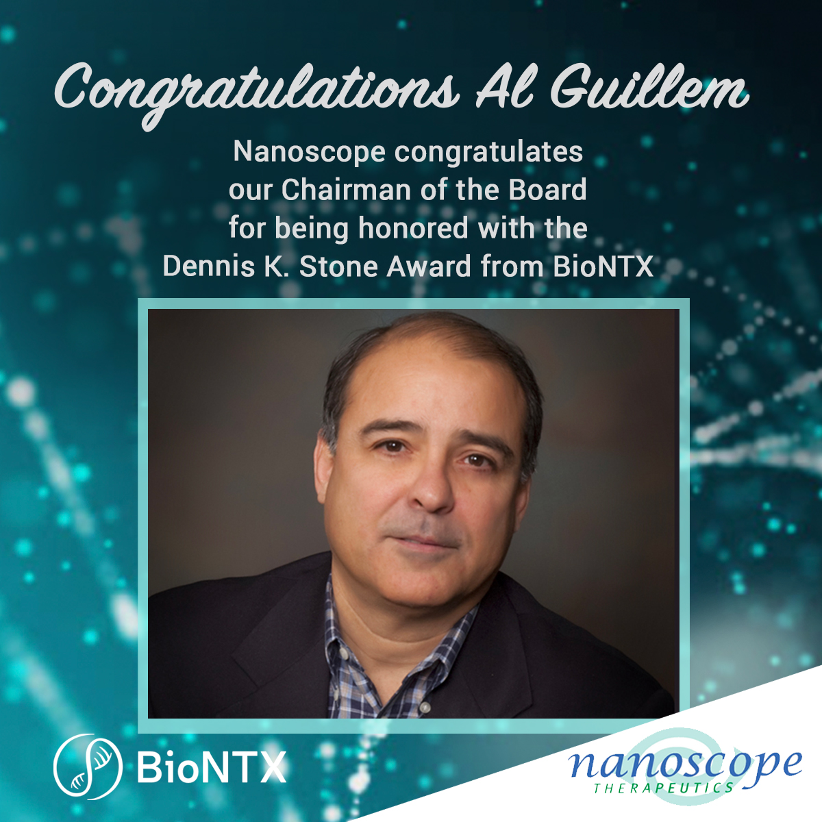 NSTherapeutics's tweet photo. Congratulations to Al Guillem, Phd, Chairman of the Board of @NSTherapeutics for receiving the Dennis K Stone Award from @bio_ntx #texas #texasbiotech #biotechnology https://t.co/ujfz6oFxGW