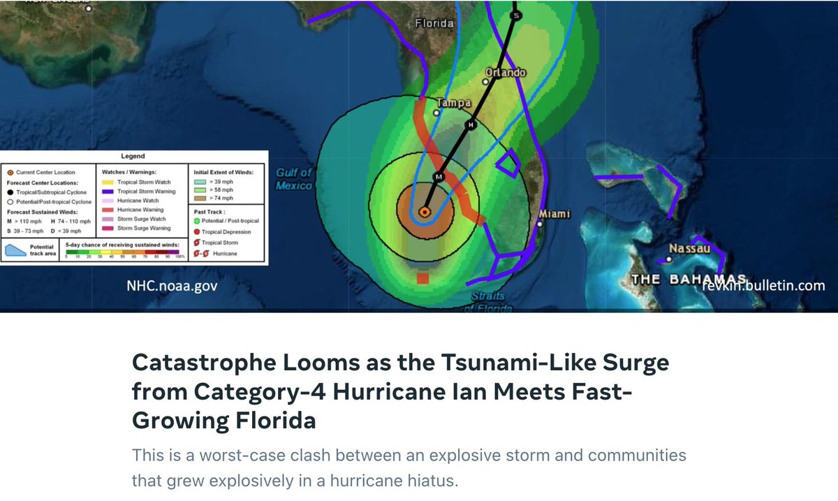Revkin's tweet photo. #HurricaneIan's Florida arrival is a worst-case clash between an explosive, heat-amped storm and communities that grew explosively in a hurricane hiatus. https://t.co/pnyb3jFZaL 1/ https://t.co/xW3pj0x8xX