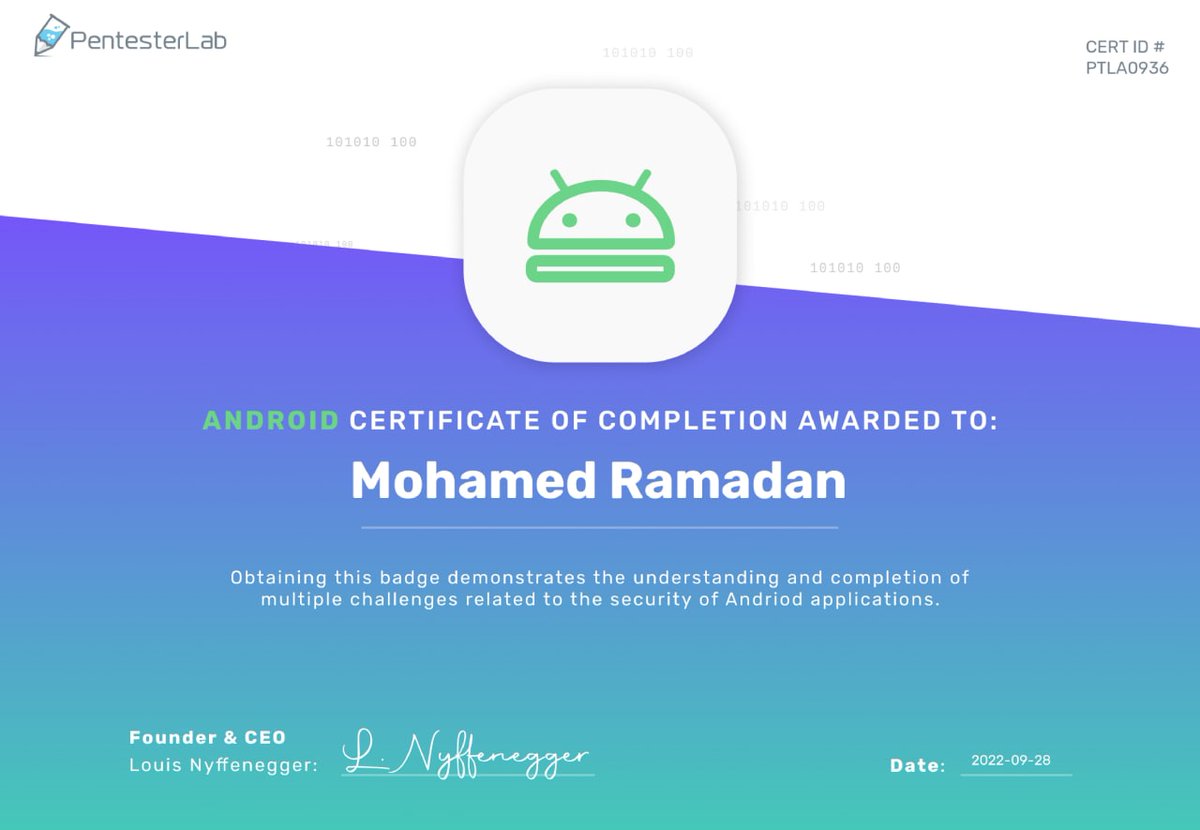 I just completed <a href="/Pentesterlab/">PentesterLab</a>'s android badge!!!