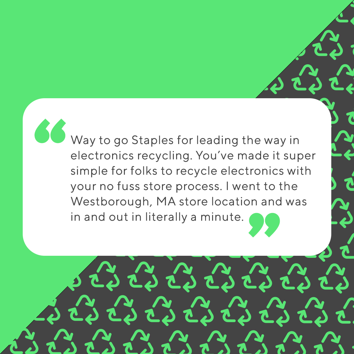 StaplesStores's tweet photo. We love hearing from our customers! Have you recycled yet? Learn more about our Free Tech Take Back in store or at https://t.co/XYwvLrN8sE #StaplesRecycles https://t.co/sCEmv4VY7Z