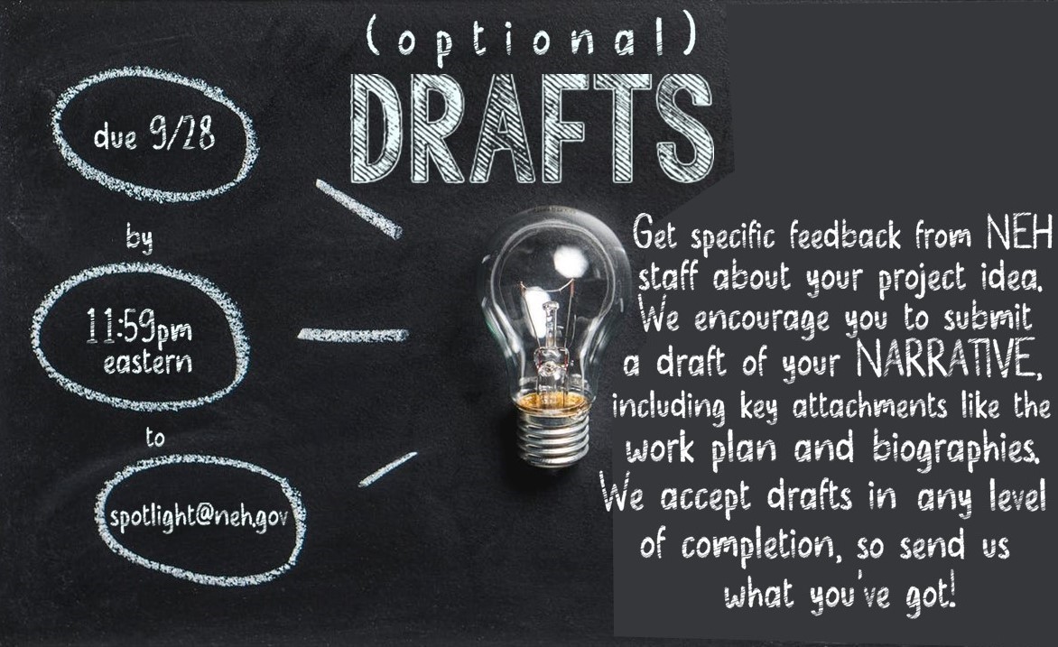 NEH_Education's tweet photo. Today’s the deadline for draft proposals for NEH’s new Spotlight program. Send us what you have by 11:59 pm eastern for feedback.
More here:
https://t.co/6bqvnuf3Js
#HBCU
#TCUs
#NativeTwitter
#AANHPI
#AAP
#HispanicEd
#HispanicServing
#firstgen
#CommunityColleges https://t.co/2XEn8ZRU88