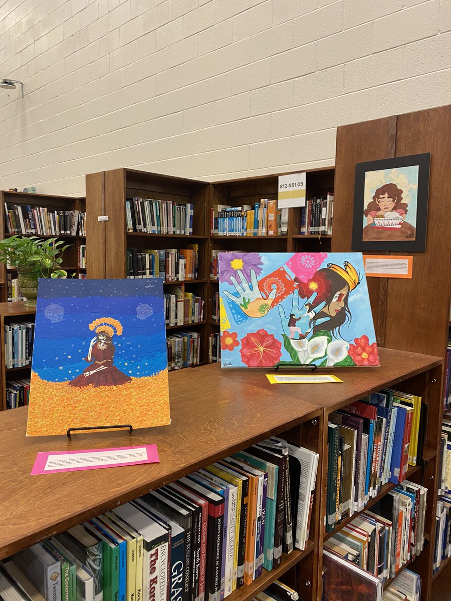 ECCALibrary's tweet photo. Stop by the library to see the amazing LSA Art Contest submissions. There is also still time to check out a book from our Hispanic/Latino Heritage Month display! #HVAlibrary @LSAatHVA https://t.co/rx9zbmfWog