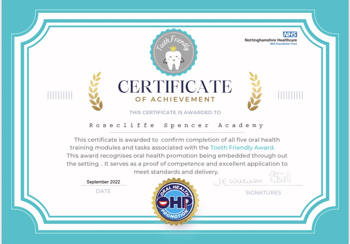 RosecliffeSpen1's tweet photo. We are so proud to have achieved this award; embedding the importance of oral health at Rosecliffe. This is just the first step- the journey continues!
@satrust_ @NHSNotts #toothfriendly https://t.co/3b4fQIHY0a