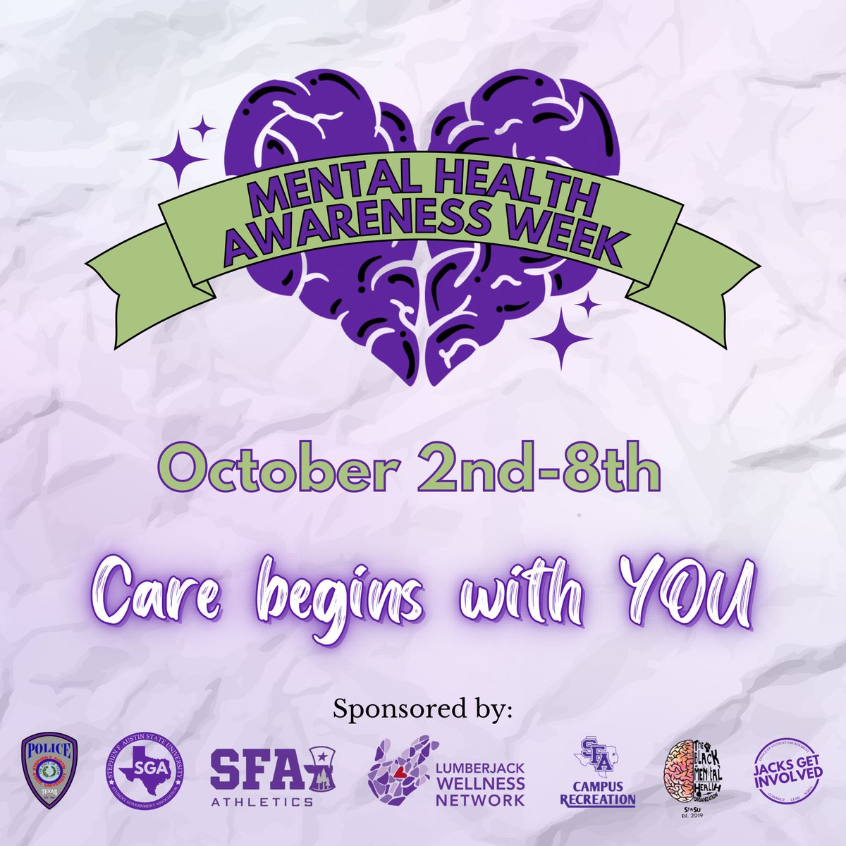 sfagetinvolved's tweet photo. Join us for a week long of events to increase awareness and reduce stigma within our Lumberjack community!
Check out our calendar for more details!
#AxeTheStigma #mentalhealth #mentalhealthawareness #JACKSGETINVOLVED #SFALWN #sfasu https://t.co/vY8C6y9jVn