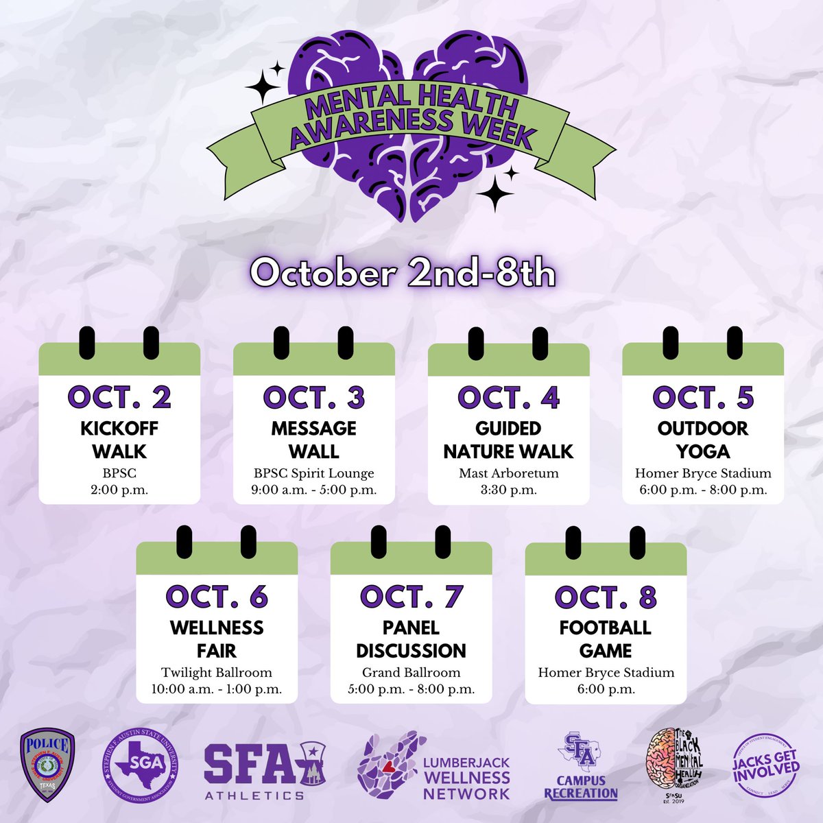 Join us for a week long of events to increase awareness and reduce stigma within our Lumberjack community!

Check out our calendar for more details!

#AxeTheStigma #mentalhealth #mentalhealthawareness #JACKSGETINVOLVED #SFALWN #sfasu