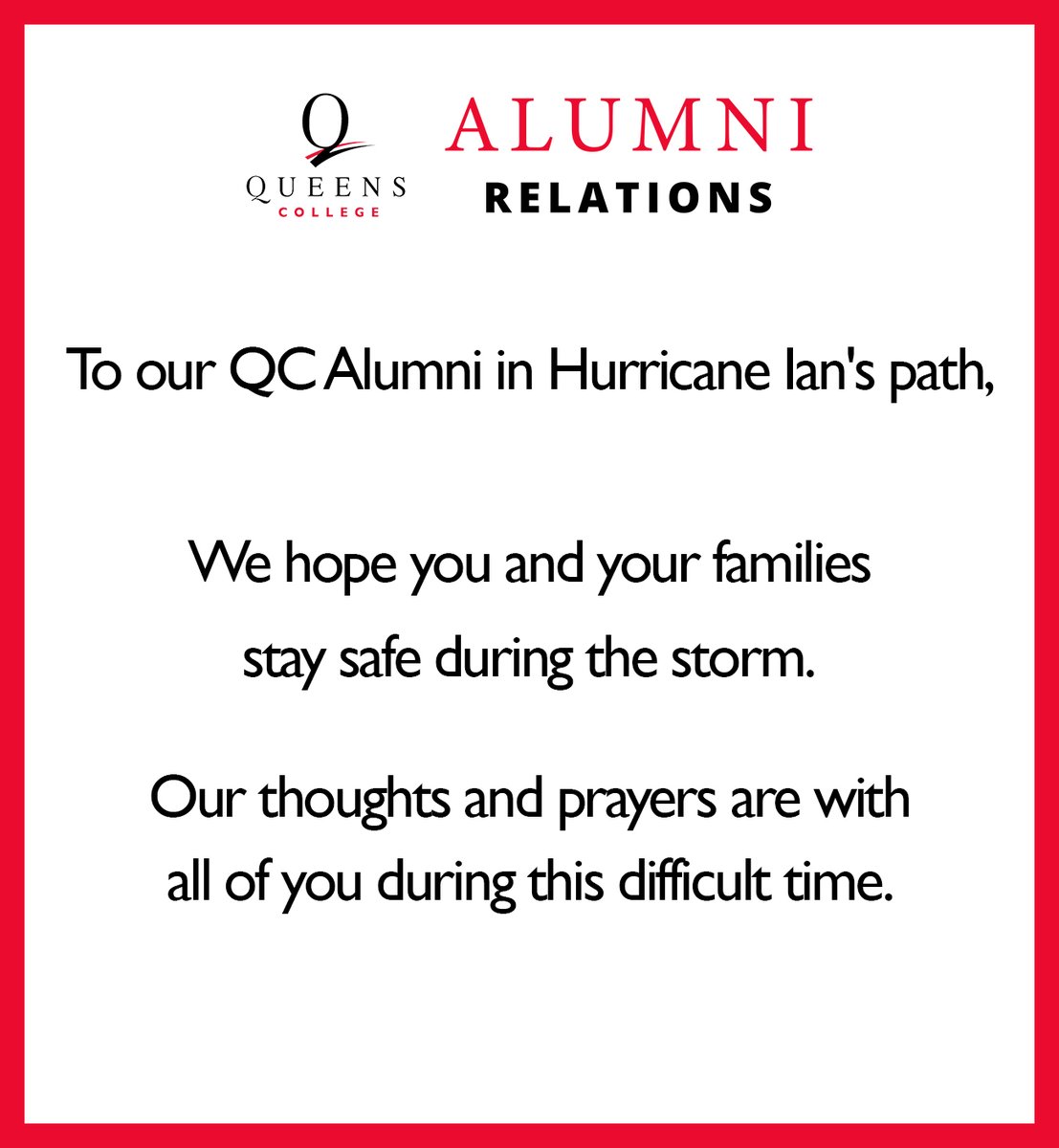 QC_Alumni's tweet photo. Our thoughts and prayers go out to all those who are being affected by Hurricane Ian. We hope our alumni and QC community stays safe during this difficult time.
.
.
.
#queenscollege #qcalumni #qc #cuny #queenscollegealumni https://t.co/mSlAjJFOT0