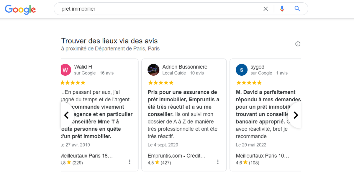 grit_grind_SEO's tweet photo. 🍱 #SE0 : Après l'ajout des NewsBox, les Maps, les PAA... (avant les premiers liens naturels), aujourd'hui, je découvre ce carrousel d'avis qui renvoie vers les pages GMB associées.
↪️ Comportement nouveau de Google ou je suis passé à côté d'une évolution de la SERP ?! https://t.co/9ISUxdZfV8