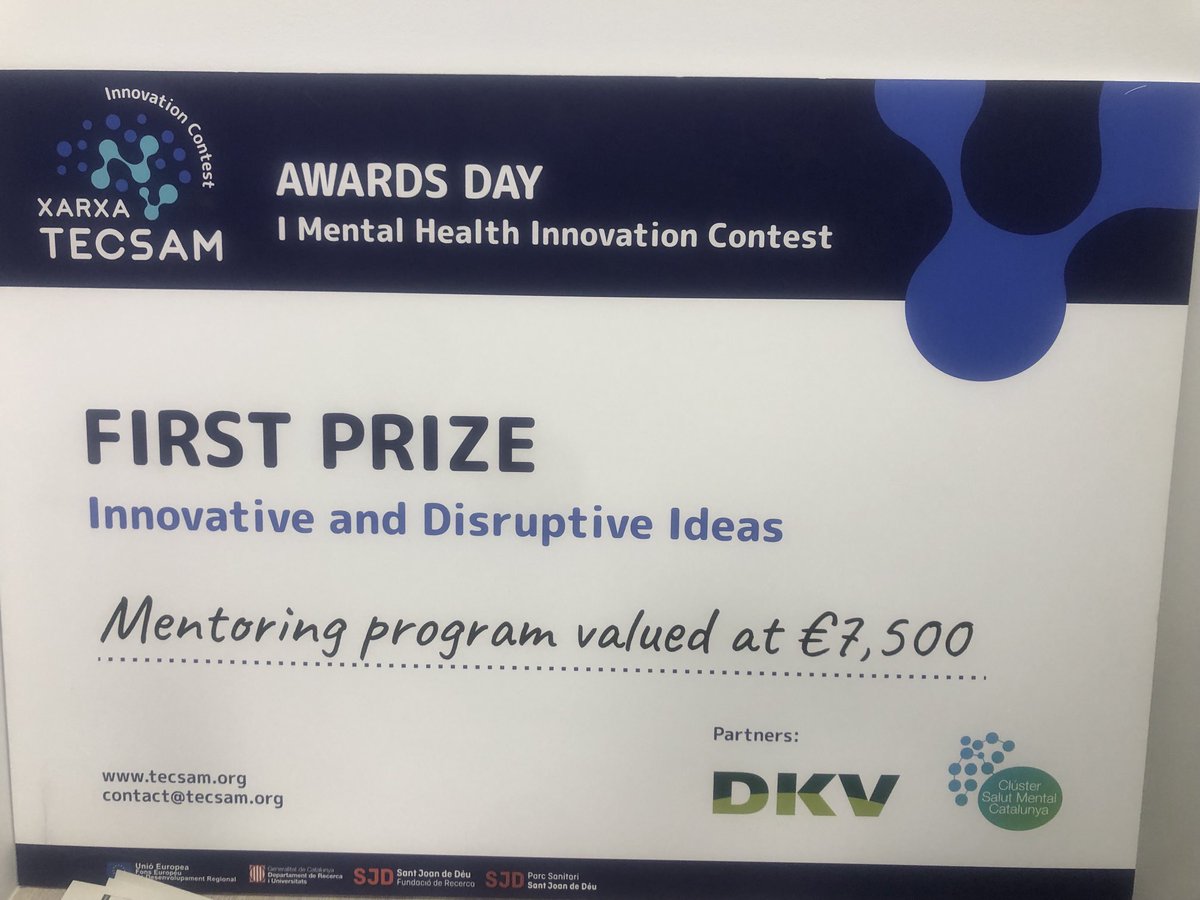 DiegoJPalao's tweet photo. First Prize at Mental Health Innovation Contents to the project “ICURE, mental health Rehab at ICU” from ⁦@I3ptT⁩ ⁦@parctauli⁩ @g29⁦@CIBERSAM_029⁩ #TECSAM Award day: Congrat team!! https://t.co/sPLLfVsvIL