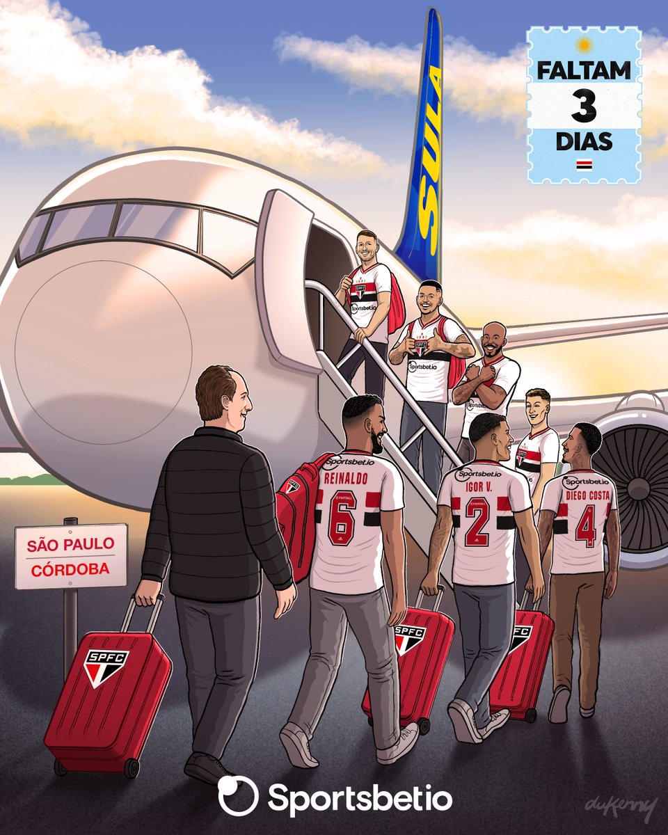 sportsbetiobr's tweet photo. Daqui três dias o São Paulo entra em campo em Córdoba em busca de mais um título da Sula!

E para registrar a contagem regressiva e o embarque do elenco Tricolor para a Argentina, o(a) grande Rafael DuKenny fez essa ilustra e se liga como ficou! https://t.co/SnmzCOdhUz