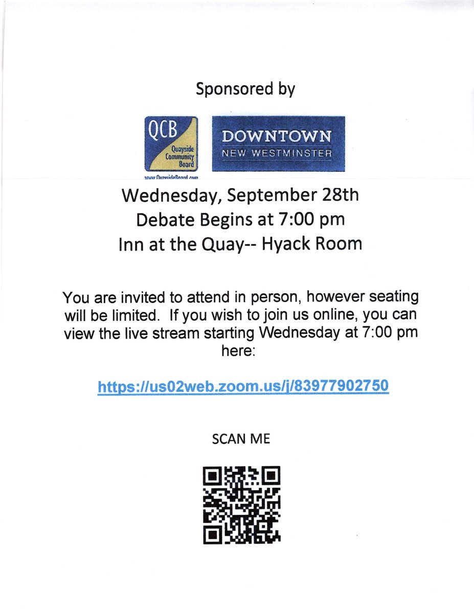 QCB (@quaysideboard) on Twitter photo MAYORAL DEBATE #newwest <a href="/New_Westminster/">City of New Westminster</a> tonight 7pm. In-person <a href="/innatthequay/">Inn At The Quay</a> #hyack room or 'LIVE' Stream, see poster below for access details. Debate sponsored by <a href="/QuaysideBoard/">QCB</a> Quayside Community Board and <a href="/DowntownNewWest/">Downtown New West</a> - moderator <a href="/j_mcelroy/">Justin McElroy</a> MAYORAL DEBATE #newwest <a href="/New_Westminster/">City of New Westminster</a> tonight 7pm. In-person <a href="/innatthequay/">Inn At The Quay</a> #hyack room or 'LIVE' Stream, see poster below for access details. Debate sponsored by <a href="/QuaysideBoard/">QCB</a> Quayside Community Board and <a href="/DowntownNewWest/">Downtown New West</a> - moderator <a href="/j_mcelroy/">Justin McElroy</a>