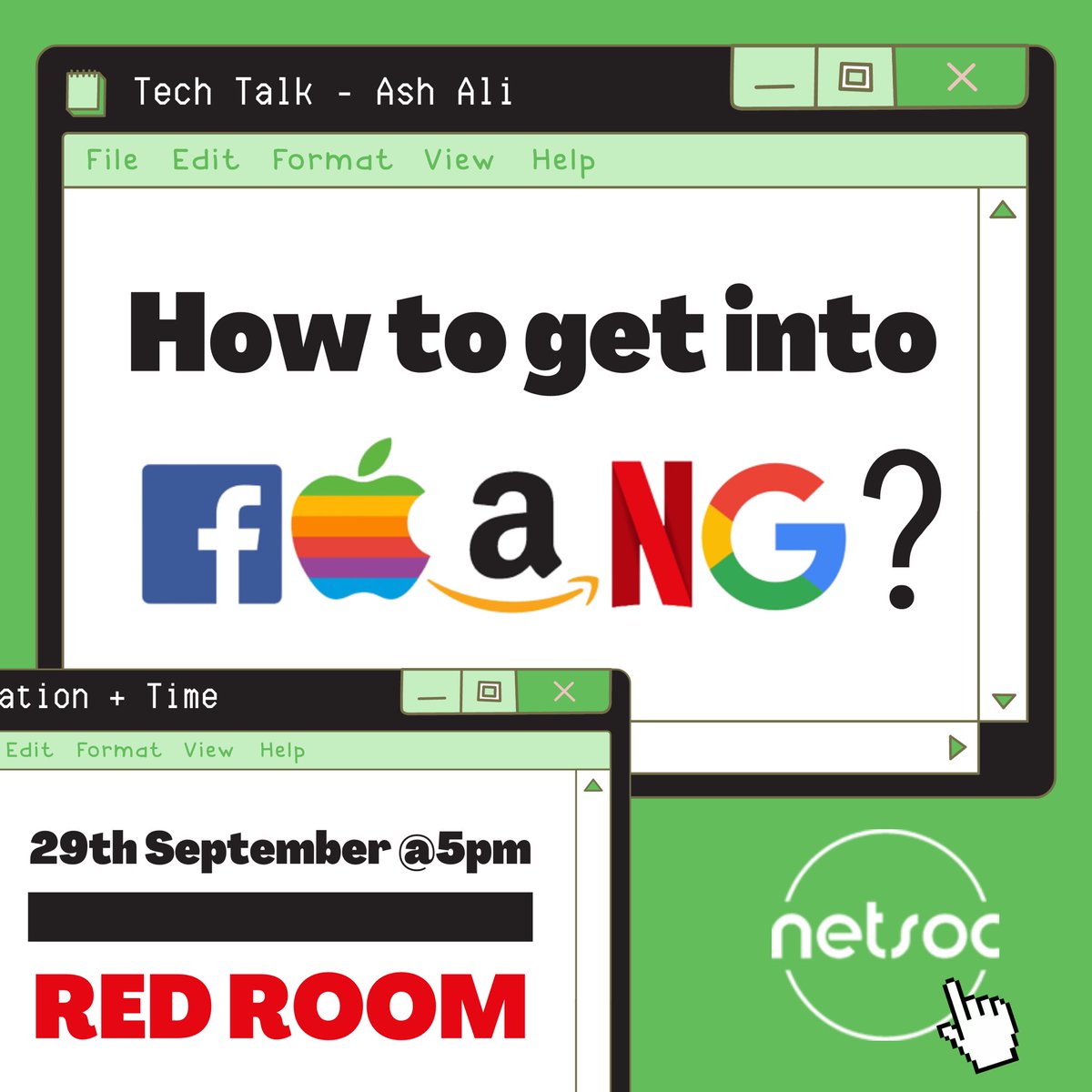 UCDNetsoc's tweet image. Want some advice on interviews, internships and the industry? (see what I did there 😉)

Then look no further! Our very own Ex Officio, Ash, will be giving a talk tomorrow at 5pm in the 🔴Red Room🔴, titled “How to get into FAANG”

FAANG = Facebook, Apple, Amazon, Netflix, Google