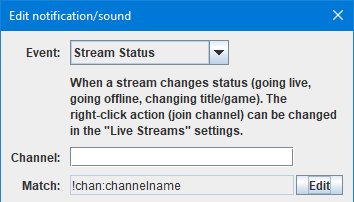 ChattyClient's tweet photo. @kamiljk87_amigo I'm not sure I know what you mean by global stream status notification settings. To prevent notifications from certain channels you can use the "Match" field, for example directly "!chan:name" or via "!chanCat:noNotif" and then "/ab add #channel noNotif". https://t.co/NCncPbQbLx