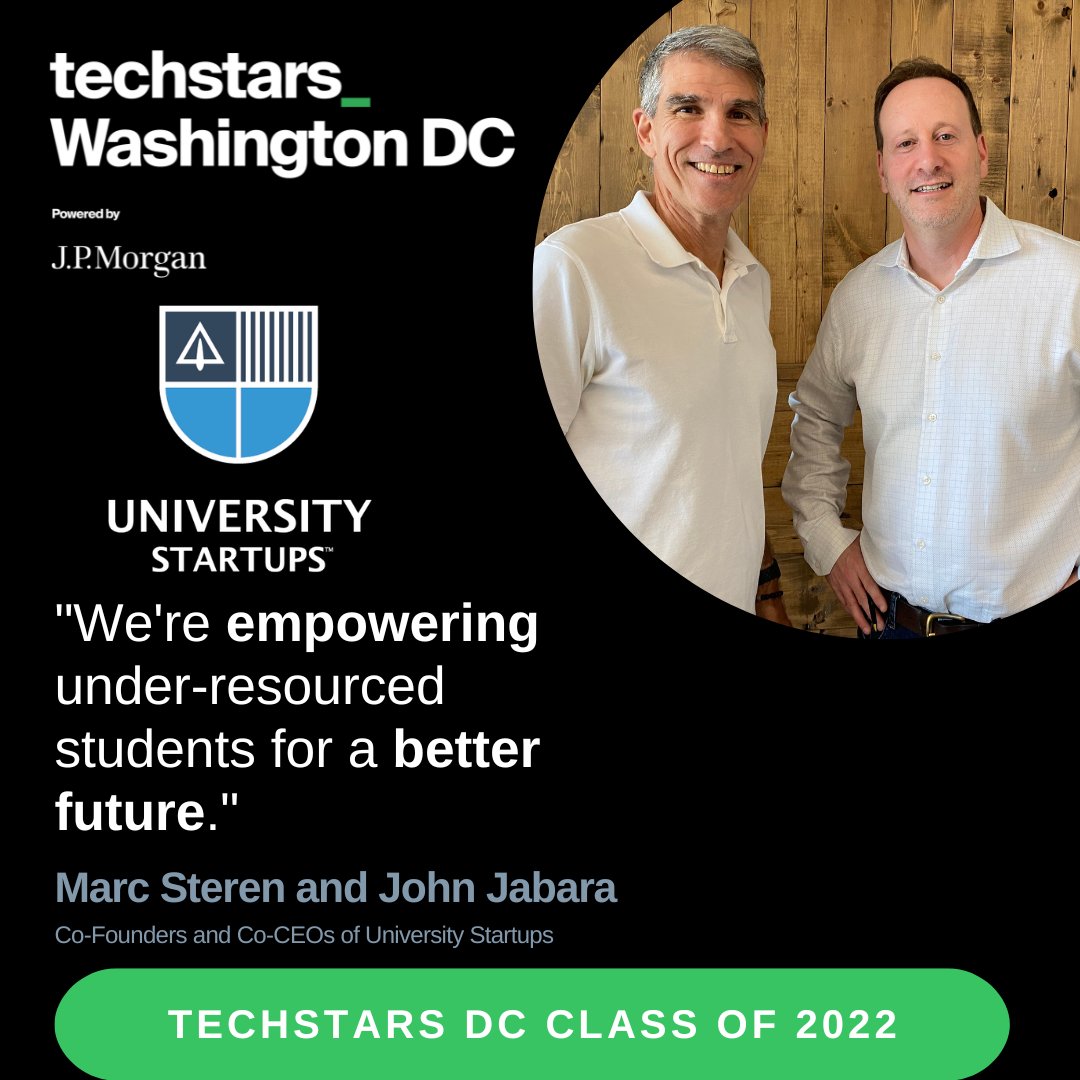 Meet the incredible founders that make up the #TechstarsDC Class of 2022. We are spotlighting one company per day for 12 weekdays and today is DAY 11! Meet <a href="/univstartups/">University Startups</a> founded by <a href="/mn_entrepreneur/">Marc Steren</a> and John Jabara.

<a href="/Techstars/">Techstars</a> <a href="/jpmorgan/">J.P. Morgan</a>