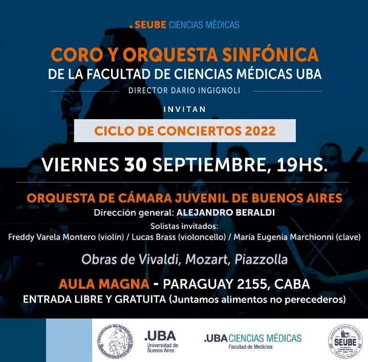 coroFmedUBA's tweet photo. Este viernes 30 de septiembre te esperamos para la apertura de nuestro Ciclo de Conciertos 2022. En el Aula Magna de la Facultad de Medicina UBA. ¡Los esperamos!

#CoroFmedUBA #CoroFmed #CoroUBA #UBA #Coro #Choir #CicloDeConciertos #Concierto https://t.co/tiUJe5Lo75