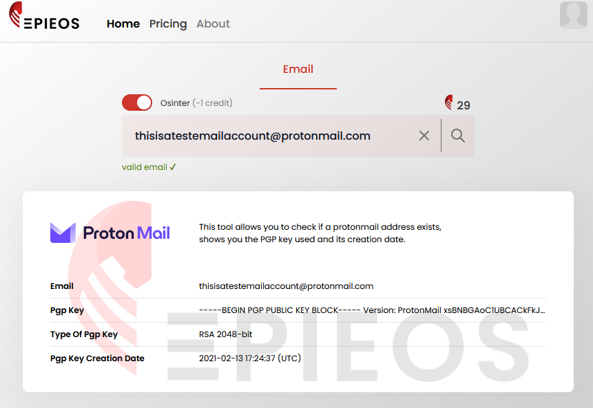 Need to check if a #protonmail address exists and get info about it just by clicking a button? We have just put online on @epieos OSINTER version a new module allowing you to verify if a protonmail address exists, to recover its PGP key and its creation date.